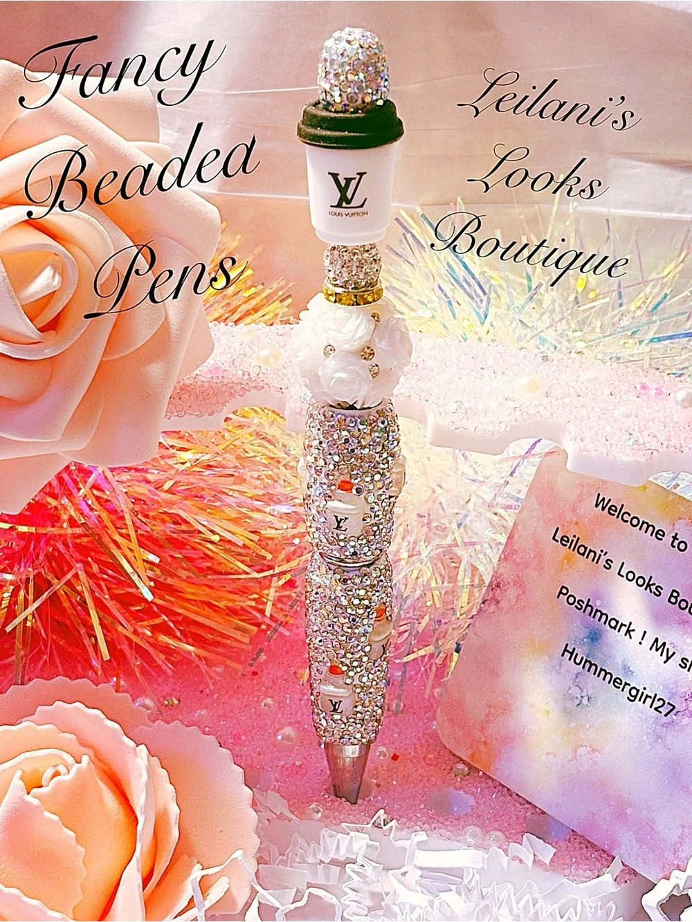 Leilani's Looks Boutique Fancy Beaded White Crystal Pen/white tea cup/